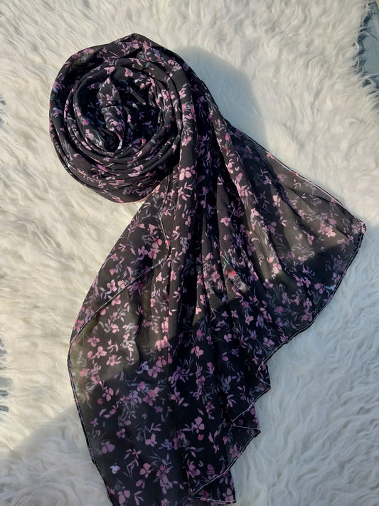 Printed Chiffon Hijab - Floral Black