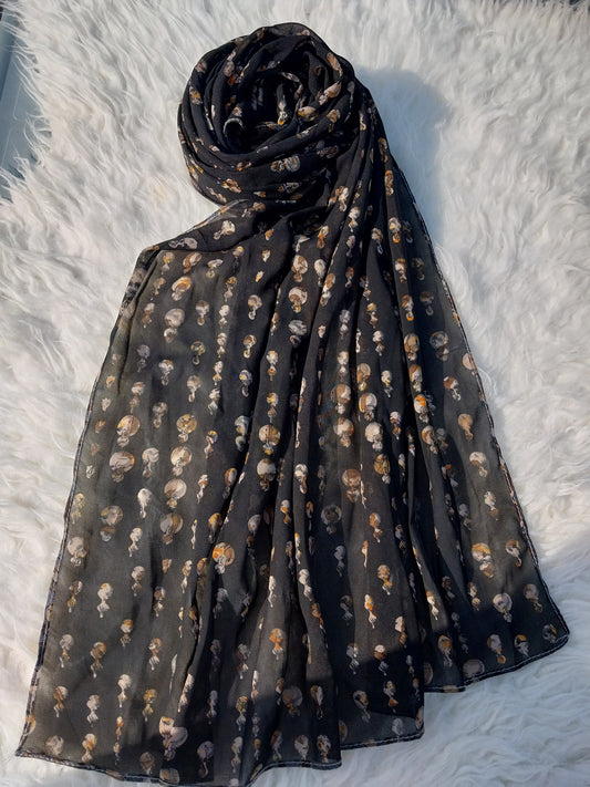 Printed Chiffon Hijab - Mushroom Black